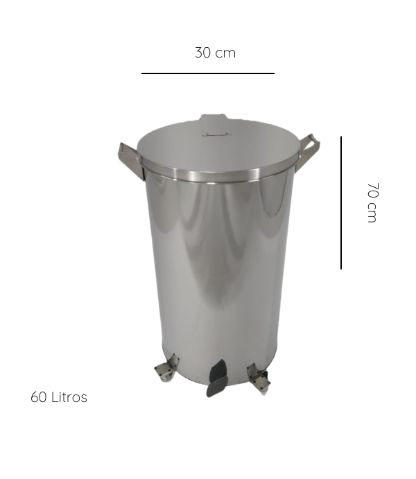 Lixeira Pedal, Rodízio e Alça 60L de Aço Inox 30x70